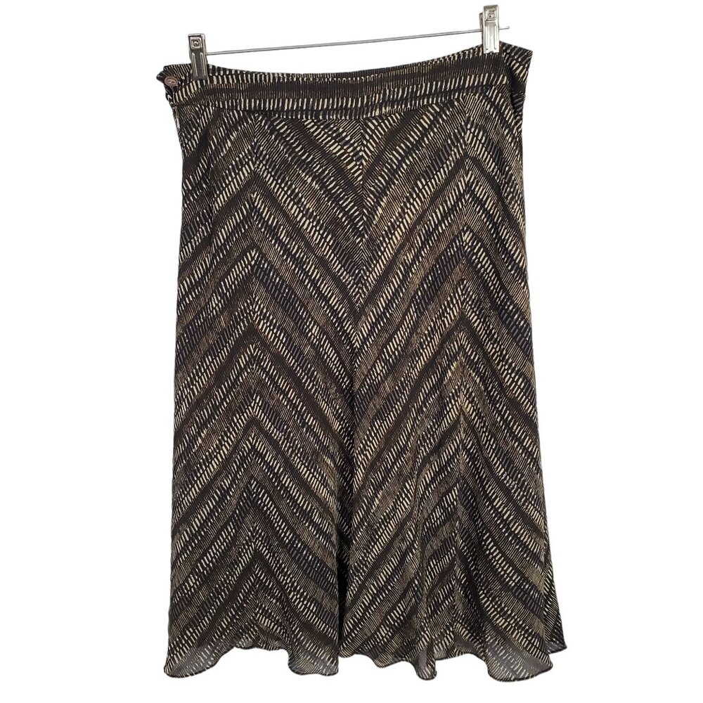 JNY Sz 10 Skirt 100% Silk Georgette Semi Sheer Lined Midi Artsy Flowy Black Tan - Picture 2 of 8